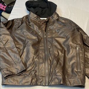 Brown Leather Calvin Klein Jacket with Black Hood JP-133